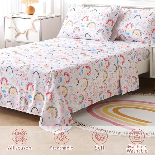 Full Size Bed Sheets for Girls Kids - 4-Piece Rainbow Floral Bedding Set, Breathable Pink Cloud 3D Fitted Sheets with 14" Deep Pocket, Ultra Soft Lightweight Bedroom Essentials - Image 3