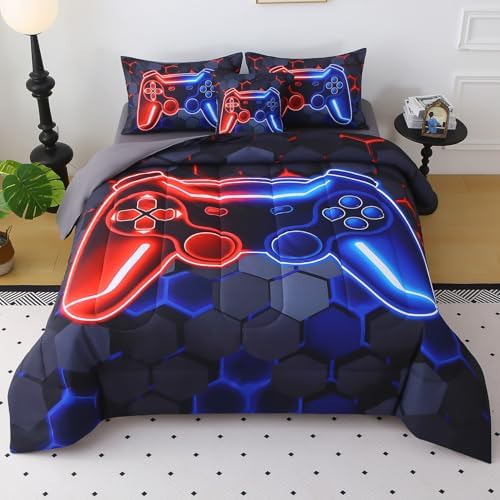 JQinHome Full Gaming Bedding Set 6-Piece Comforter for Kids Teens - 3D Video Game Console Print Bed in a Bag with Ultra-Soft Fluffy Sheets, Red-Blue Unisex Design (Full) by JQinHome
