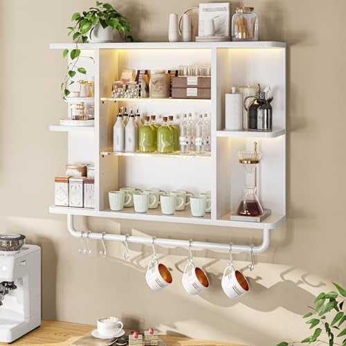 REIBII Floating Shelves with LED Lights, 7-Tier Wood Shelf, Wall Mounted Display Shelves with 8 S-Hooks, Wall Shelf for Kitchen, Bedroom, Bathroom, Office, Plants, White - Image 4
