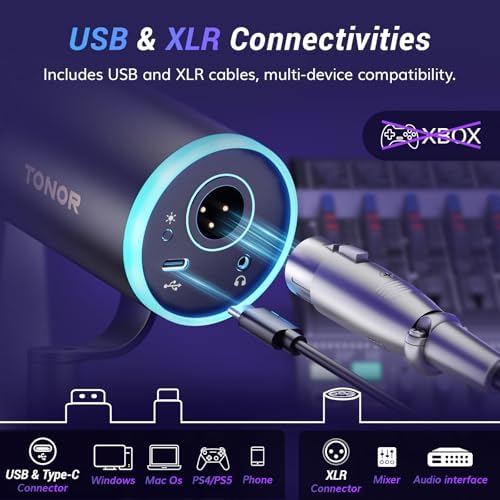TONOR Dynamic Podcast Microphone, XLR/USB Mic for Recording, Streaming, XLR Cardioid Studio Mic with Quick Mute, Volume Control, 200 cm/78inch Cable, with RGB and Low Profile Boom Arm, Black, TD520S+ - Image 5