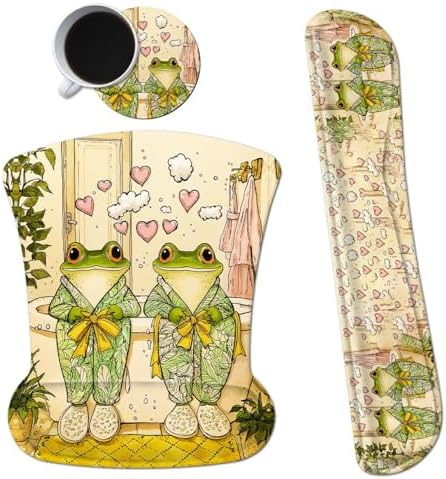 3-in-1 Ergonomic Mouse Pad with Wrist Support, Memory Foam Keyboard Wrist Rest Pad Set & Coaster, Non-Slip Base Desk Mat with Frog in Pajamas for Office Home Computer & Laptop by Dikoer