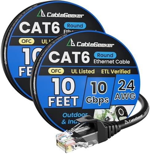 CableGeeker Cat 6 Ethernet Cable 10ft 2Pack, 10Gbps, Black by CableGeeker