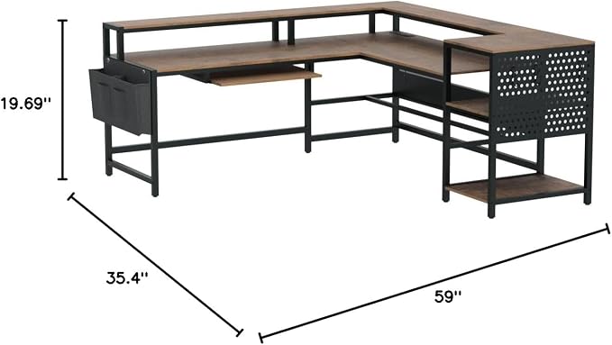SEDETA L Shaped Computer Desk, Reversible Computer Desks, L Shaped Desk with Power Outlets & LED Strip, Monitor Shelf, Keyboard Tray, Pegboard and Storage Shelves for Home Office, Rustic Brown - Image 3