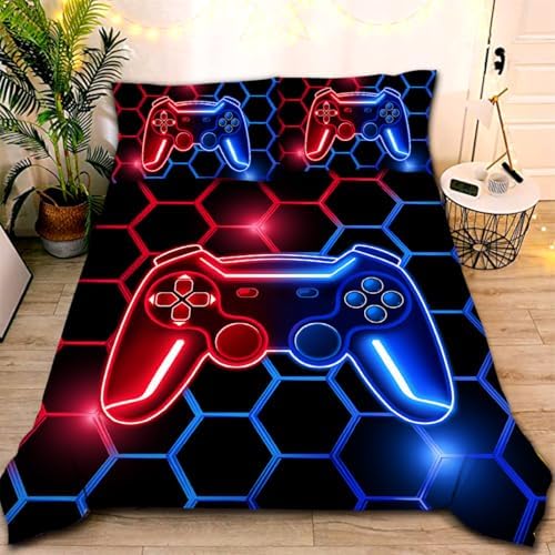 NTBED Game Console Comforter Set for Boys Girls Kids Geometric Lightweight Microfiber Bedding Sets (Red Blue, Full 5Pcs) by NTBED