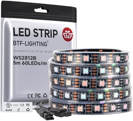 BTF-LIGHTING WS2812B IC RGB LED Strip,UL Listed,Pure Gold Wires,DC5V 16.4FT 300LED 5050SMD,Individually Addressable,Flexible for DIY Chasing Full Color Project,IP67(No Adapter or Controller) by BTF-LIGHTING