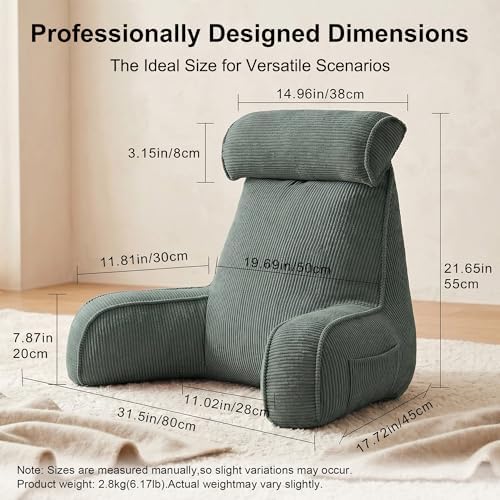 Sit Up Reading Pillow, Backrest Pillow with Arms, Corduroy Back Support Cushion with Side Pockets & Washable Cover, Bed Rest Support for Sofa Couch Floor Relax, Peacock Blue - Image 4