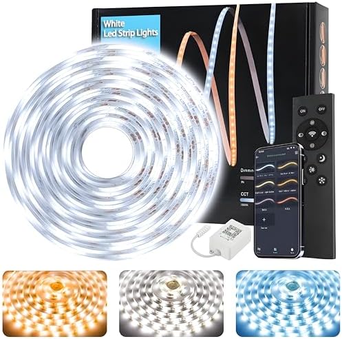 Tenmiro White LED Strip Lights 16.4ft (600 LEDs) Super Bright 25000K Daylight White, 3Color Temperature Dimmable with Smart App & Remote Control for Bedroom Kitchen Commercial Home Lighting Decor by Tenmiro
