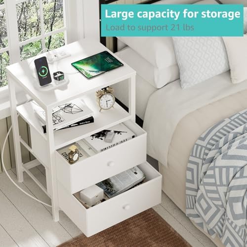 BOLUO White Nightstand with Charging Station, LED Night Stand with 2 Fabric Drawers, Bedside Table with USB Ports and Outlets, Nightstand for Bedroom Modern - Image 4