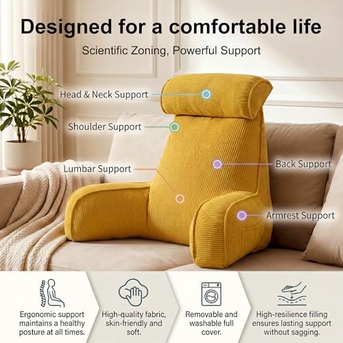 Reading Pillow for Sitting Up in Bed, Backrest Cushion with Arms, Corduroy Support Pillow with Side Pockets & Washable Cover, for Watching TV Sofa Couch Relax, Bright Yellow - Image 3