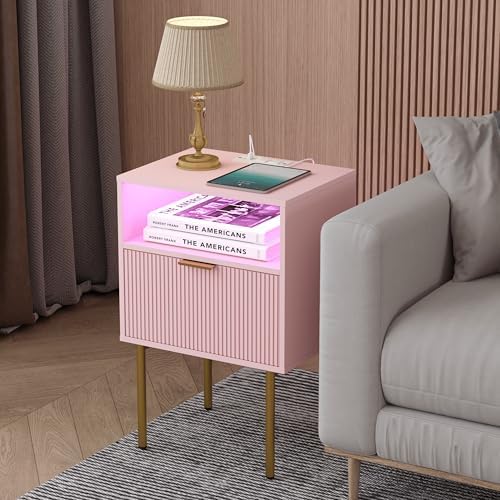 JOONEE Modern Nightstand with Charging Station and LED Lights, White Bedside Table with Drawer, Fluted Side Table for Living Room, Bedroom - Image 6