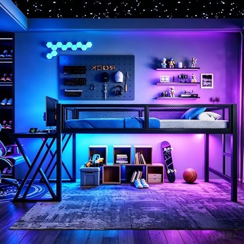 Bellemave Twin XL Gaming Loft Bed with Desk, USB Ports & LED Lights, Metal Loft Bed Frame with Mesh Guardrails, Space-Saving for Dorms, Bedrooms, & Gaming Setups (Black/Twin XL) - Image 4
