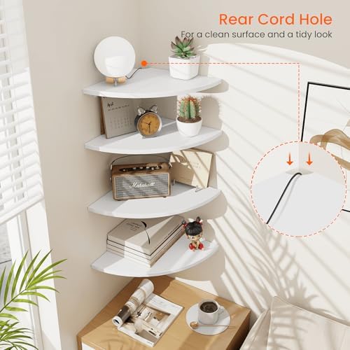 Homode Corner Floating Shelves, Set of 4 Round Corner Shelf Wall Mount with Cord Hole, 12 Inch Wood Curved Corner Hanging Shelf for Cable Box, Speaker, TV Cords, Books, Plants, White - Image 4