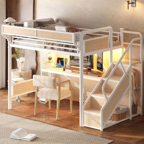 Bellemave Full Metal Loft Bed with Stairs and Desk for Kids,Adults,White - Image 4