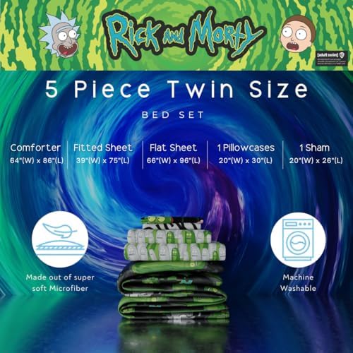 Rick & Morty 5 Piece Super Soft Cozy Reversible Comforter and Sheet Set with Sham, Twin, (Officially Licensed Product) By Franco - Image 3