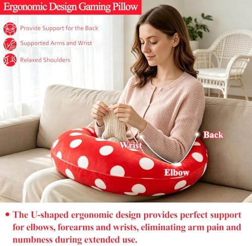 Ergonomic U-Shaped Gaming & Lap Pillow for Crocheting - Cute Polka Dot Crochet Pillow with Elbow & Arm Support, Lap Desk Pillows for Reading, Playing or Crocheting, Suitable for Adults - Red - Image 4