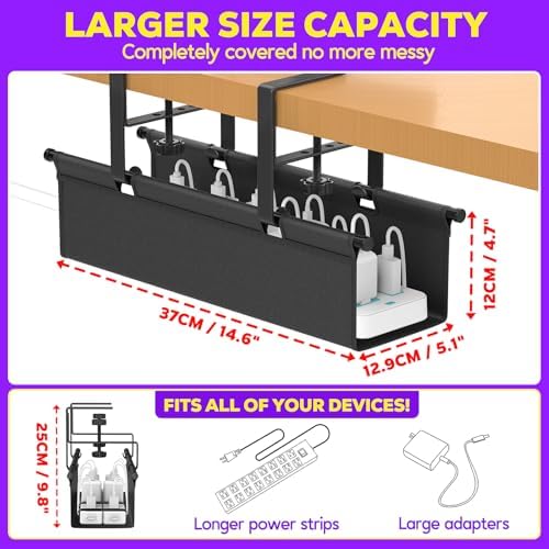 Under Desk Cable Management Tray, REFLYING 14.6" Cable Management Under Desk No Drill,Adjustable Clamp Cord Wire Organizer, Cord Hider for Standing Table, Wire Hider for Office,Home (Small) - Image 4
