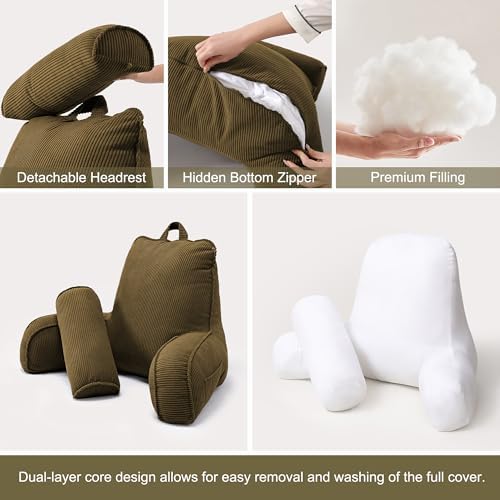 Bed Rest Reading Pillow with Arms & Detachable Headrest, Corduroy Backrest Cushion with Side Pockets & Washable Cover, Support Pillow for Sitting Up in Bed & Sofa Relaxing, Martini Olive - Image 6