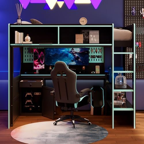 Merax Twin Size Gaming Loft Bed with Integrated Desk and Lights, Black+Blue by Merax