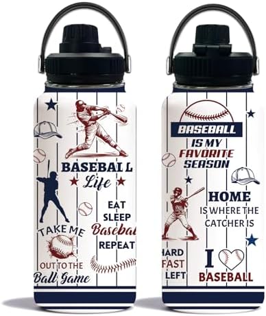 Baseball Water Bottle 32oz, Sport Travel Stainless Steel Tumbler With Lid, Double Wall Vacuum Insulated Coffee Cup Travel Mug, Fathers Day Baseball Gifts for Boys Dad Husband Grandpa by WWHSAI