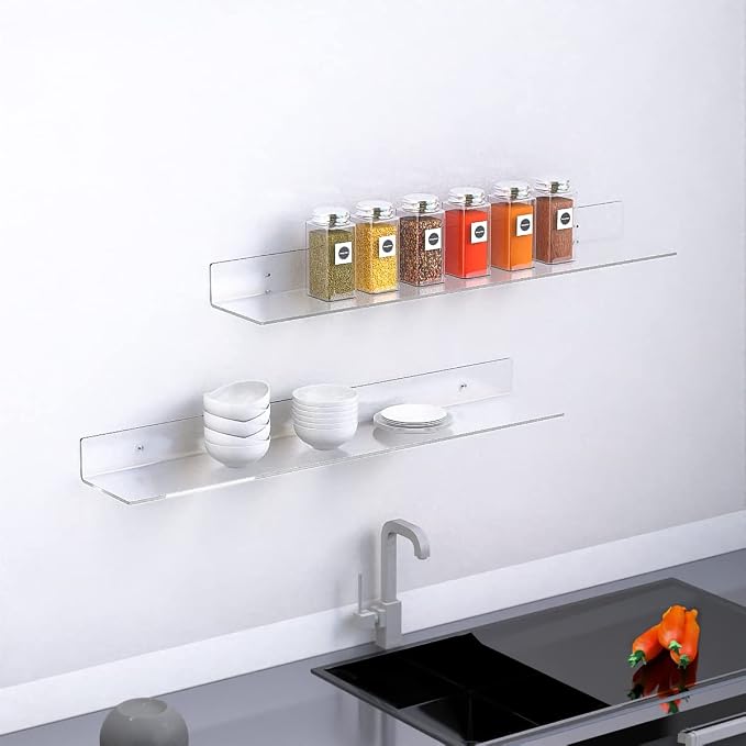 Sezanrpt 36 Inches Acrylic Wall Shelves 2 Pack, Floating Shelf for Wall Mounting, Acrylic Display Ledges for Funko Pop Figures, Home Décor, Living Room, Gaming Room, Plants(36 inch, Clear) - Image 7