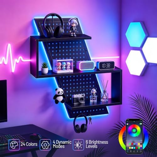 S-Shaped Gaming Floating Shelf with LED Light Strip, 3 Tier Wall Floating Shelf with Pegboard & 4 Removable Hooks, for Bedroom, Game Room, Living Room, Study, Black - Image 6