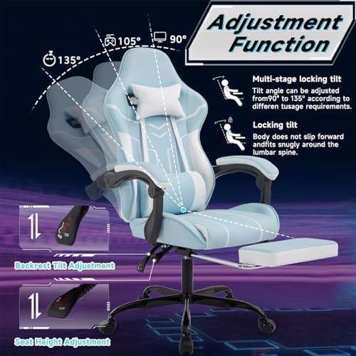 Gaming Desk Chair for Adults, Ergonomic Gaming Chair (Blue+White) | with Footrest & Headrest and Lumbar Support, Leather Material Height Adjustable computer Video Game Chairs - Image 4