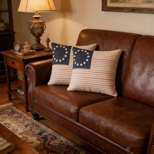 Patriotic American Flag Throw Pillow Covers, Linen, 16x16 Inch, Set of 2, Farmhouse Style, Machine Washable - Image 5
