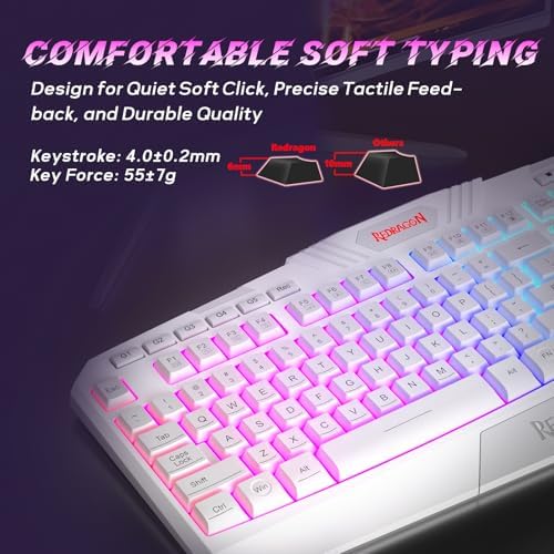 Redragon Updated Programmable Gaming Keyboard and Mouse, RGB Backlit Keyboard Mouse with Software, Independent Macro Record Keys, Value Combo Set, White - S101-3 PRO - Image 6
