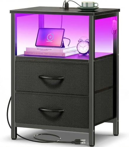 Huuger Night Stand with Charger Station and LED Lights, 2 Drawer Nightstand by Huuger