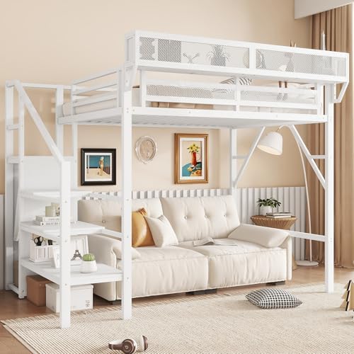 KEIKI Twin Size Metal Loft Bed Frame with Convertible Staircase, Built-in Storage Shelves & Wardrobe, Loft Bed with Solid Slats & Guardrail, No Box Spring Required, Easy Assembly, for Bedroom, White - Image 4