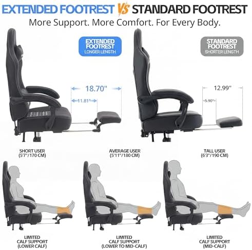 Gaming Chair Breathable Fabric with Pocket Spring Cushion, Wide and High Ergonomic Office Chair with Headrest, Computer Gaming Chair with Footrest for Adult and Teen (Black Fabric) - Image 4