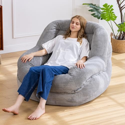 Giant Bean Bag Chair for Adults, Oversized Floor Lounge Chair with Armrests | Grey, soft corduroy and resilient foam for living rooms, bedrooms, reading nooks, gaming rooms, movie nights, and pets by SnugSofeeFoamSofa