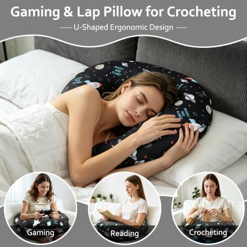 Ergonomic U-Shaped Gaming & Lap Pillow for Crocheting - Cute Rockets & Planets Crochet Pillow with Elbow & Arm Support, Lap Desk Pillows for Reading, Playing or Crocheting, Suitable for Adults - Image 6
