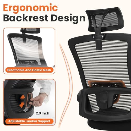 NEO CHAIR Office Desk Chair with Ergonomic High Back Mesh Headrest, Black | Adjustable Headrest and Lumbar Support with Flip-Up Armrests Designed for Extended Sitting Comfort While Saving Space - Image 3
