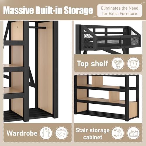 Bellemave Twin XL Loft Bed Frame with Storage Stairs, Beside Shelf & Wardrobe, Metal Loft Bed Twin XL with USB Ports & LED Light, Large Under-Bed Space Loft Beds for Adults, Teens, Kids, Black Natural - Image 4