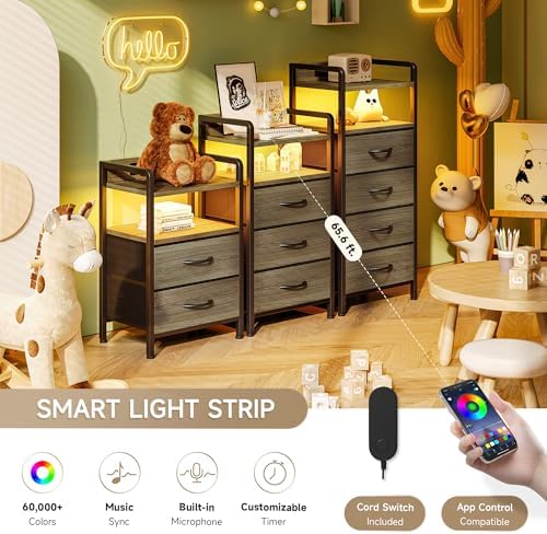 Lazzanto Nightstand with Rear Charging Station, LED Light, 3 Drawers, Grey - Image 4