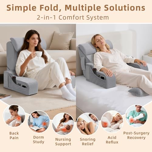 Foldable Reading Pillow for Sitting in Bed Adult, Grey, 19" - Image 2