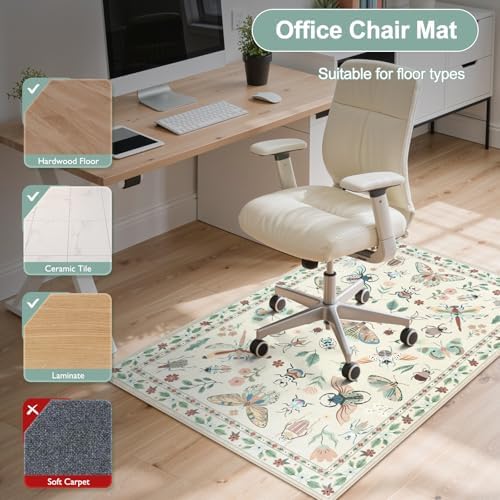 Anidaroel 36"x48" Home Office Chair Mat for Hardwood Floor, Beige Under Desk Rug for Rolling Chairs, Anti-Slip Insect Print Desk Floor Mat for Offices Chair, Low Pile Office Rugs for Rolling Chairs - Image 5
