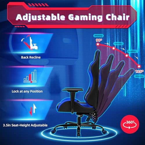 ECOTOUGE Ergonomic PC Gaming Massage Recliner Chair | Racing PU Leather, Swivel Rocker, Headrest, Lumbar Pillow, Desk Chair, Adjustable Height, Sturdy Base, Black & Blue - Image 6
