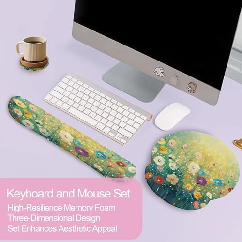 Flower Daisy Poppy Floral Keyboard Wrist Rest Pad Mouse Pad Set,Ergonomic Mousepad Wrist Support Memory Foam Desk Pad for Gaming Office,Non-Slip Rubber Base Easy Typing for Home Office Computers - Image 3