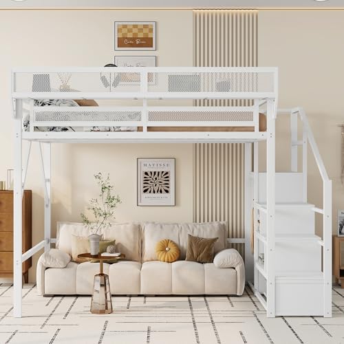 KEIKI Queen Size Metal Loft Bed Frame with Convertible Staircase, Built-in Storage Shelves and Wardrobe, Loft Bed with Solid Slats, Guardrail, No Box Spring Required, Easy Assembly, for Bedroom, White - Image 3