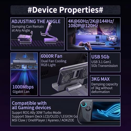 6-in-1 Gaming Docking Station, Built-in Cooling Fan & RGB Light, 4K@60Hz HDMI, Gigabit Ethernet, 100W PD Charging, Adjustable Stand, Portable Dock for Steam Deck, ROG Ally, Legion Go - Image 3