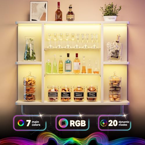 REIBII Floating Shelves with LED Lights, 7-Tier Wood Shelf, Wall Mounted Display Shelves with 8 S-Hooks, Wall Shelf for Kitchen, Bedroom, Bathroom, Office, Plants, White - Image 3