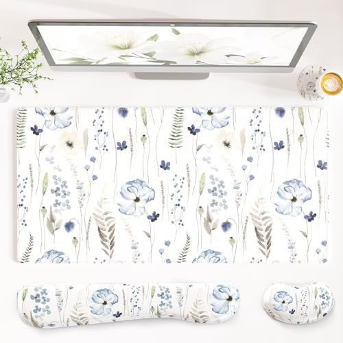 QiyI PU Leather Desk Mat Set, 4-in-1 Ergonomic Wrist Rest, Wildflowers by QIYI