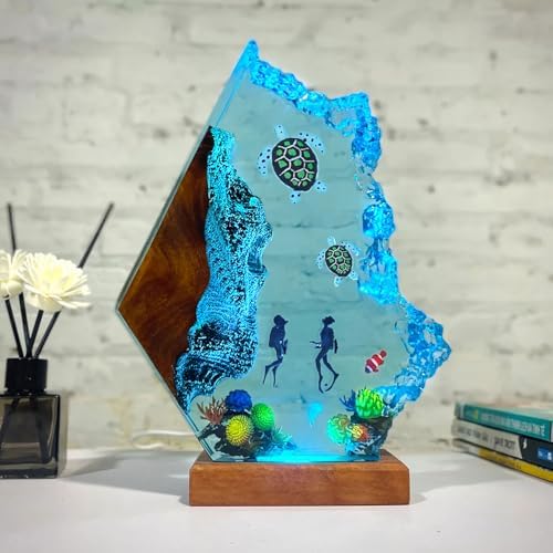 Couple Divers and Sea Turtles Ocean Resin Lamp, Handmade Resin Night Light by MASDEC