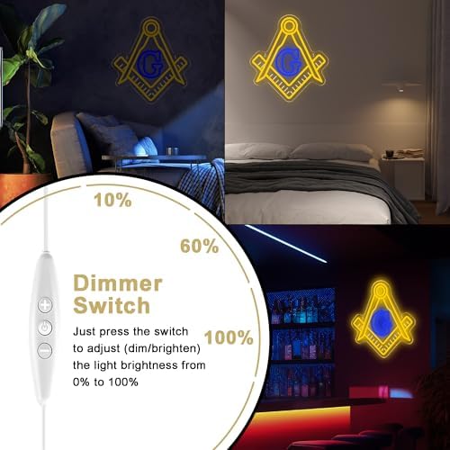 Mutank Masonic Neon Sign, USB Powered Dimmable LED Neon Light Symbolic Decor, for Brotherhood Historical Wall Game Room Study Man Cave Wall Decor, Gifts for Freemasons and Brothers(12.9 * 12.2 In) - Image 3