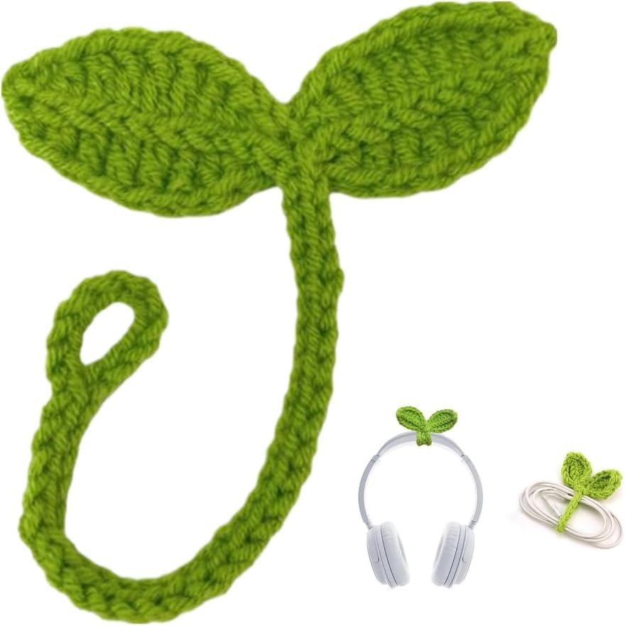 Green Crochet Leaf Sprout, Lucky Handmade Knitted Sprout Headphone Accessories, Leaf Headset Attachment, Multi-Functional Cute Cable Tie Crocheted Knitting Plant Bookmark Gift for Book Lovers by Unknown