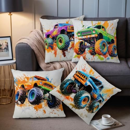 Monster Truck Throw Pillow Cover 20x20" Set of 4, Multicolor Cartoon Car Pillowcase for Sofa Couch Bed Soft Decorative Pillow Cover Kids Boys Room Monster Truck Cushion Covers Party Home Decorations - Image 2