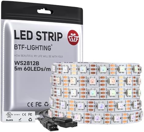 BTF-LIGHTING WS2812B IC RGB LED Strip,UL Listed,Pure Gold Wires,DC5V 16.4FT 300LED 5050SMD,Individually Addressable,Flexible for DIY Chasing Full Color Project,3M Tape,IP30(No Adapter or Controller) by BTF-LIGHTING
