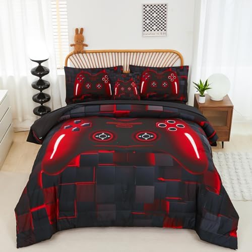 PERFEMET 6-Piece Boys Comforter Set Full Size Game Console Bedding Set for Kids Teen 3D Black and Red Gamepad Gaming Bed in a Bag Matching Sheet Set(Red, Full) by PERFEMET